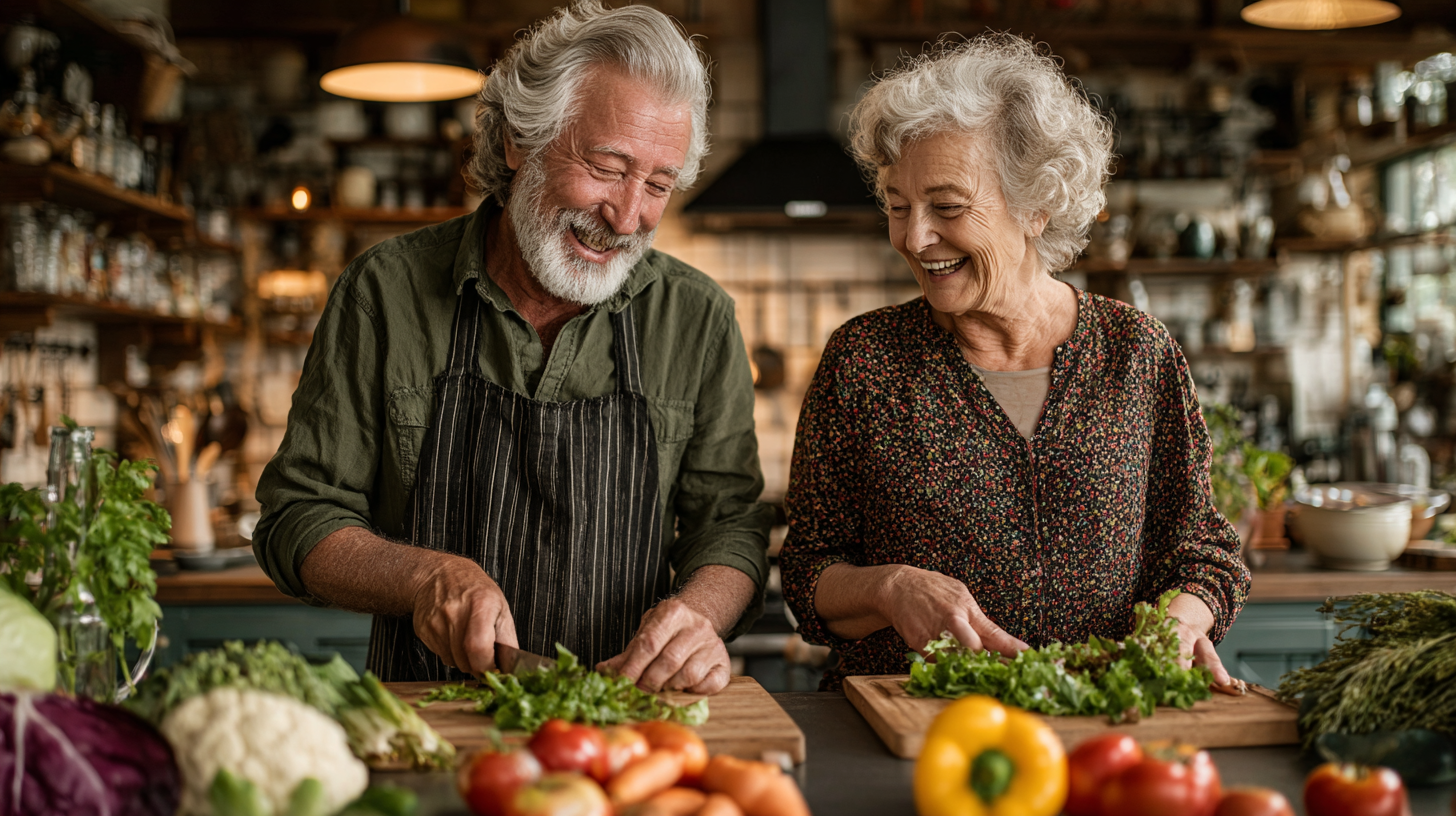 Зрілі люди готують здорову їжу